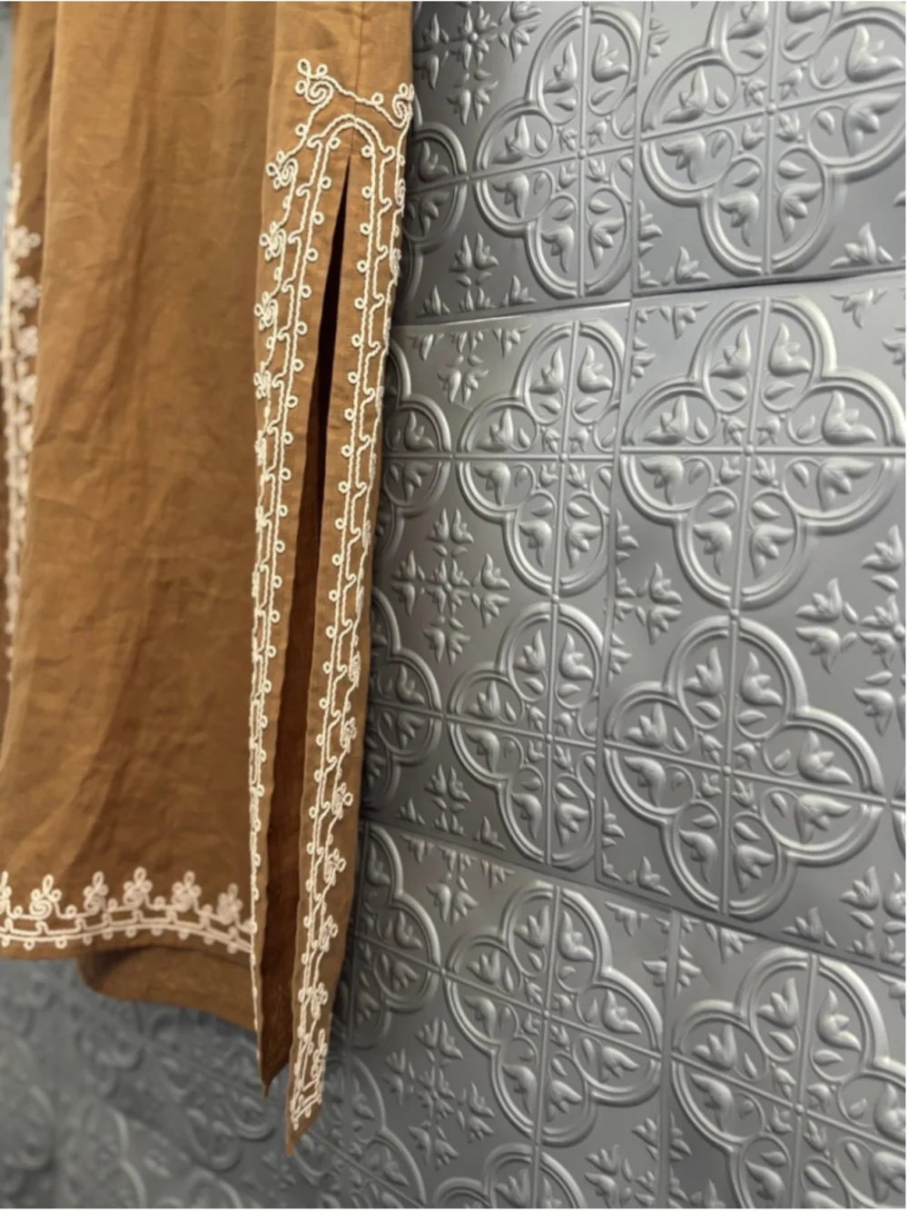 Tory Burch Maxi Dress Embroidered Linen Long Dark Tan Beige Kaftan Designer